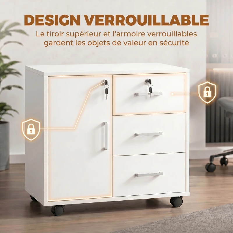 HOMCOM Caisson bureau meuble de rangement verrouillable avec 3 tiroirs et étagère réglable, roulettes, 40 x 60 x 56 cm, blanc