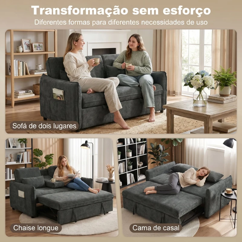 HOMCOM Sofá-Cama 2 Lugares 3 em 1 com Mesa Auxiliar Porta-Copos Encosto Ajustável Bolsos Laterais 2 Almofadas Cinzento Escuro