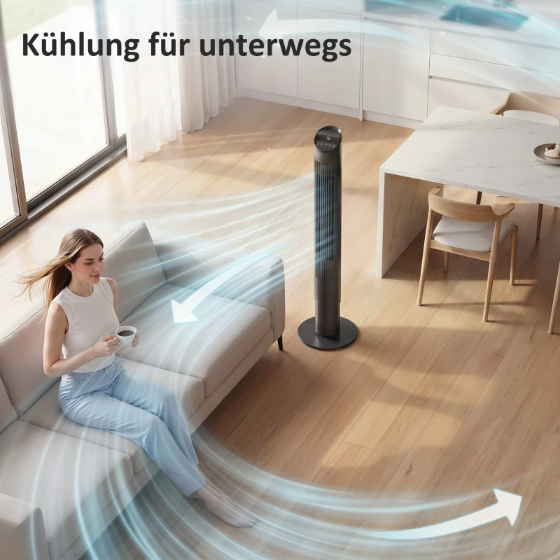 HOMCOM 116 cm Turmventilator, Standventilator mit Fernbedienung WiFi App-Steuerung, 65° Oszillation 6 Geschwindigkeiten 4 Modi