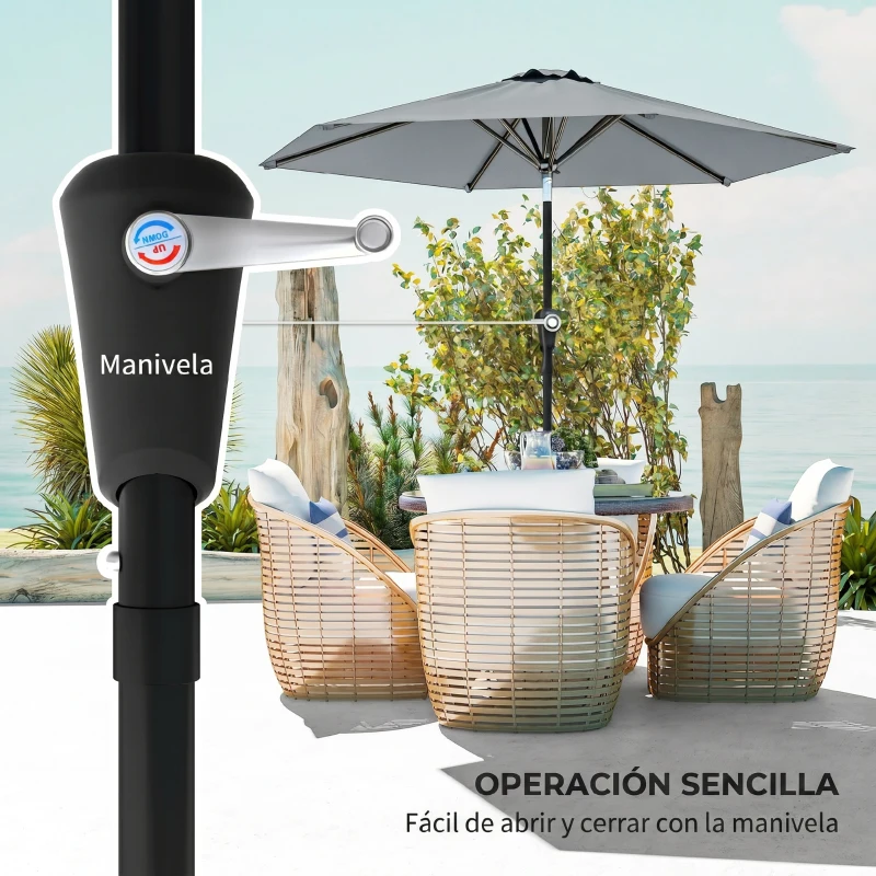 Outsunny Sombrilla de Jardín Ø230x216 cm con Apertura Manual Ángulo Ajustable e Impermeable para Terraza Piscina Gris