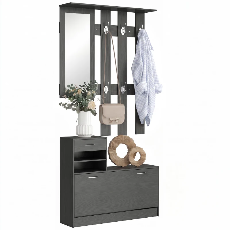 HOMCOM Mobilier de hol cu cuier, pantofar, oglindă, din PAL, 90x10x102 cm, negru