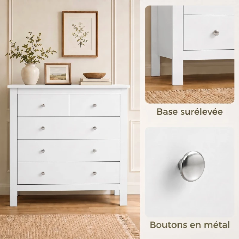 HOMCOM Commode à 5 tiroirs, meuble de rangement, avec poignées, glissières métalliques,  en bois, 79l x 39,5P x 80,5H cm, blanc