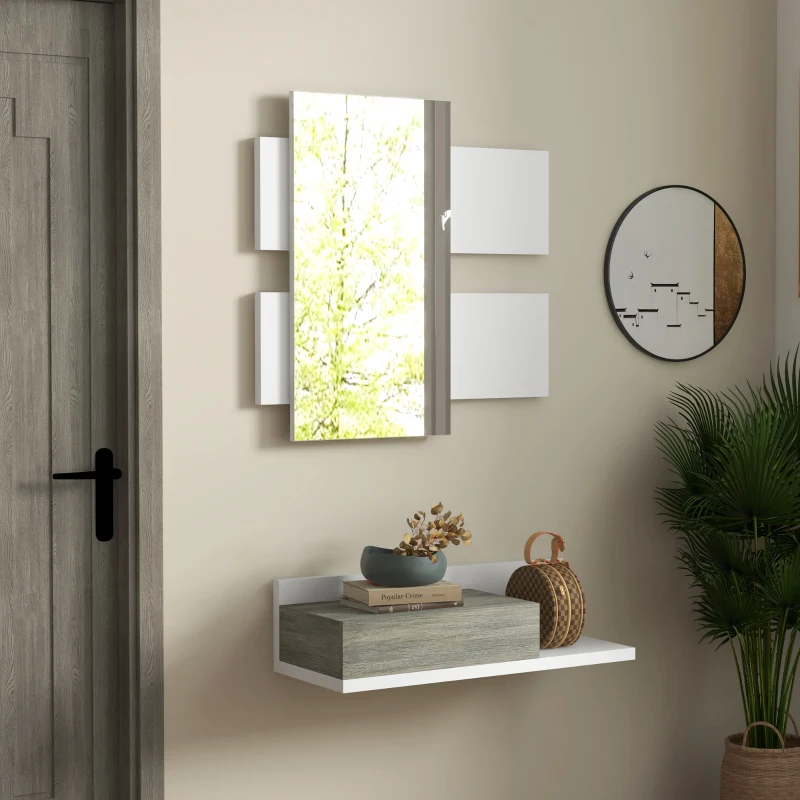 HOMCOM Conjunto de Móveis de Entrada com Espelho e Gaveta Móvel de Entrada Suspenso Estilo Moderno 75x3,5x75 cm e 75x30,5x20 cm Branco e Cinza