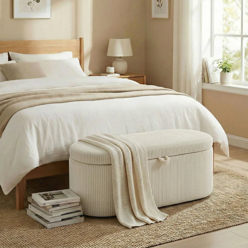 HOMCOM Aufbewahrungs-Ottomane, Cord-Polsterung mit gepolsterter Sitzfläche, Sitzbank am Bettende, 105 x 51 x 49 cm, Beige
