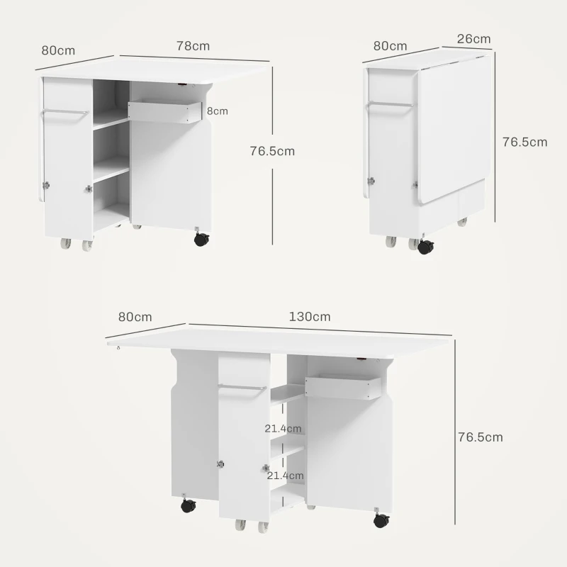 HOMCOM Masă pliabilă cu rafturi pe 3 niveluri, spațiu de depozitare și roți, din MDF, 130x80x76,5 cm, alb
