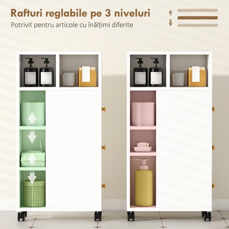 HOMCOM Dulap de Baie Compact cu Roți, 3 Sertare și 5 Compartimente cu Rafturi Reglabile, 20x40x80 cm, Alb