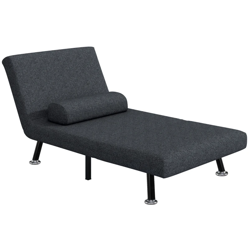HOMCOM Fotoliu Pat 3 în 1 cu Spătar Reglabil și Pernă, din Material Textil cu Efect de In și Oțel, Gri Închis(m-11)