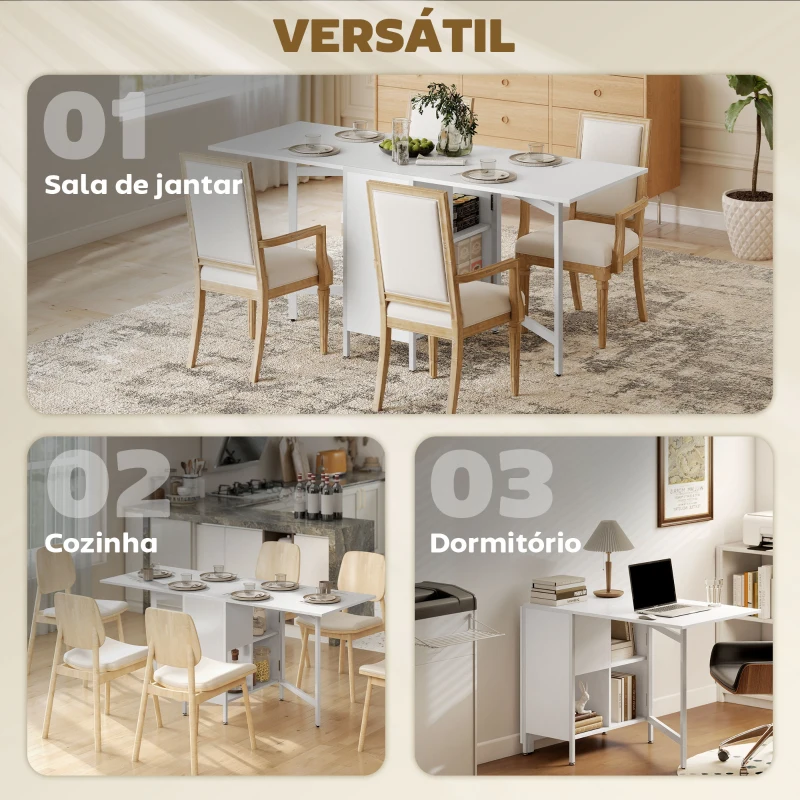 HOMCOM Mesa de Cozinha Dobrável com Arrumação Mesa de Refeição Compacta com 4 Prateleiras 169x60x75 cm Branco