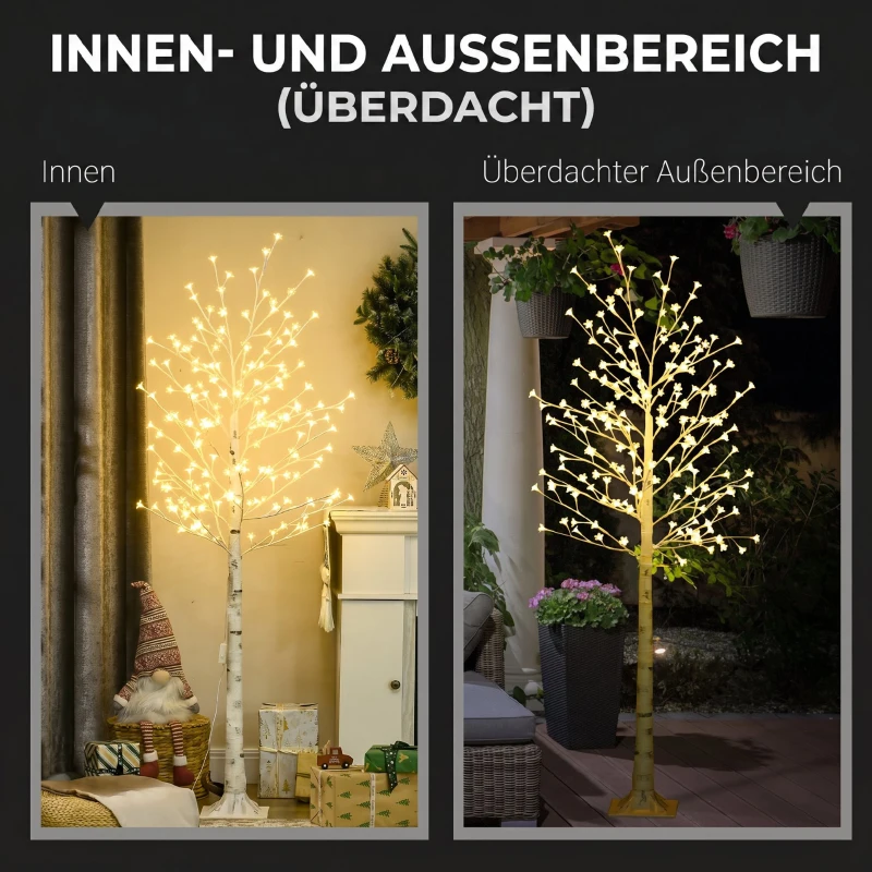 HOMCOM Pom decorativ luminos de mesteacăn cu 180 de lumini LED, înalt de 180 cm, cu 3 niveluri de luminozitate, pentru interior și exterior, alb