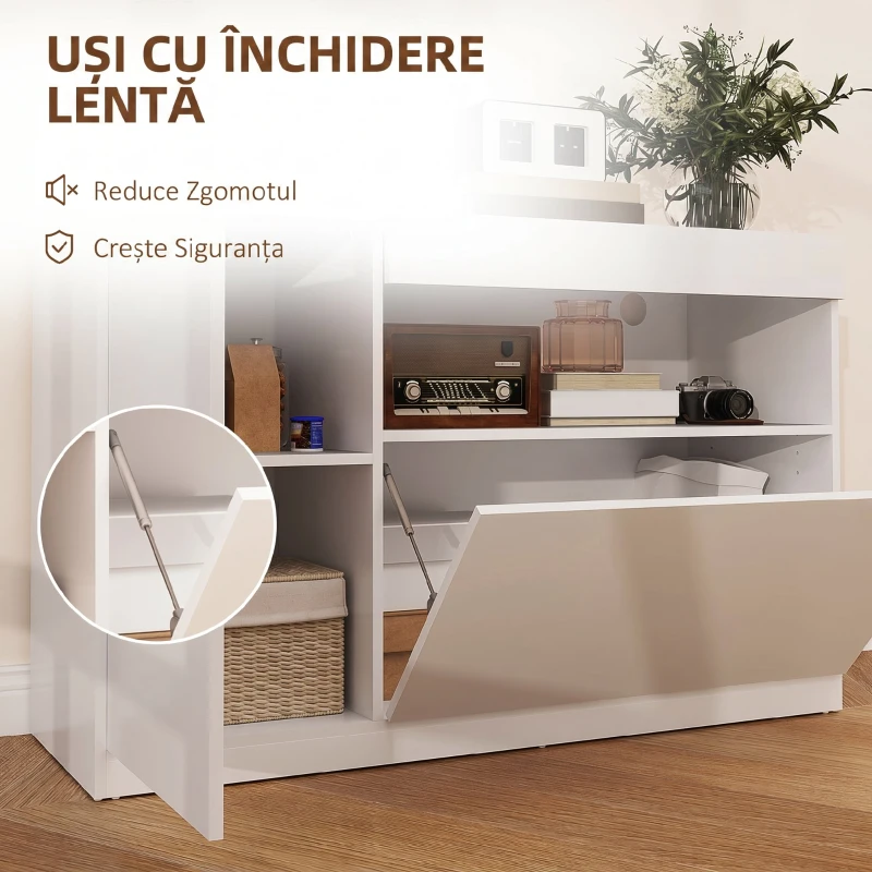 HOMCOM Bufet Modern Joș cu Uși cu Amortizor și Deschidere prin Apăsare, Polițe Reglabile, Alb