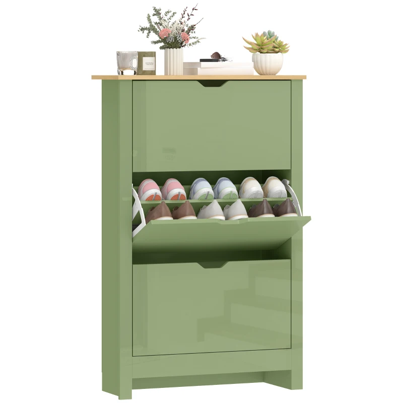 HOMCOM Meuble à Chaussures 18 Paires, Armoire à Chaussures à Haute Brillance, 3 Tiroirs Rabattables, Étagères Réglables, Vert