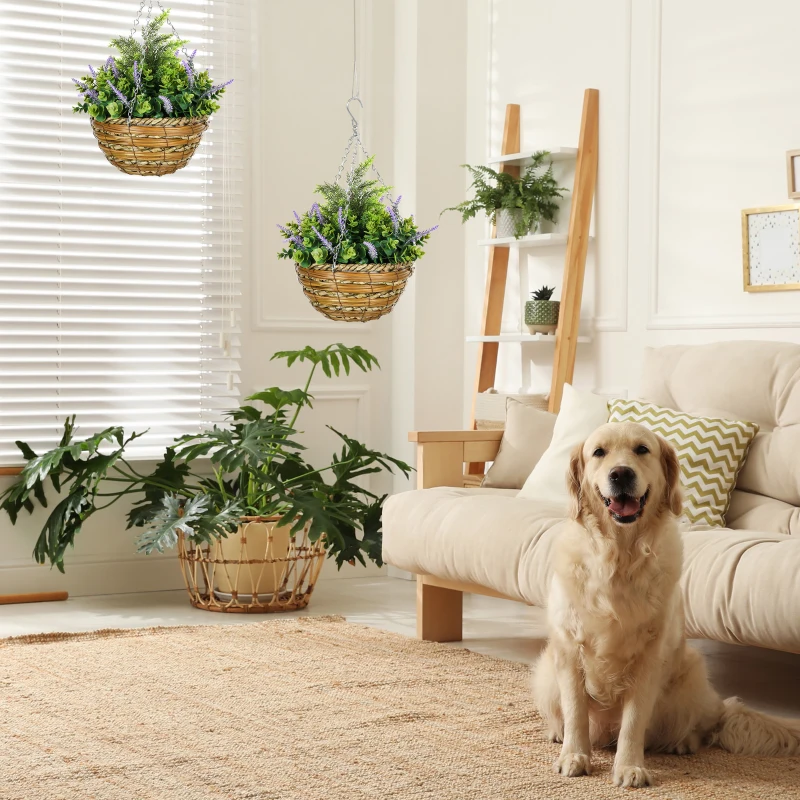 Outsunny Set 2 Plante Artificiale de Lavandă cu Ghiveci și Agățătoare, din PE și Ratan, Ø25x34 cm, Verde și Violet(m-10)