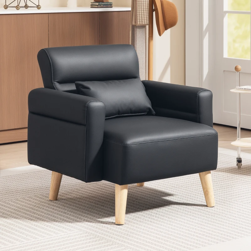 HOMCOM Sillón Tapizado en Cuero Sintético Respaldo con Costuras y Patas de Madera para Salón o Dormitorio 77x78x78 cm Negro