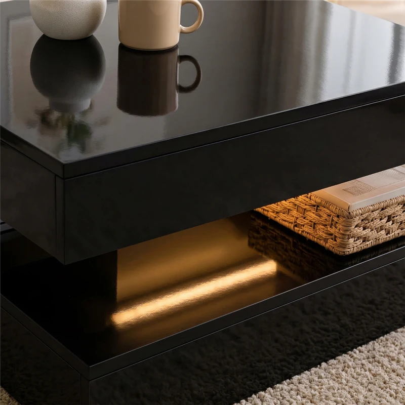 HOMCOM LED Coffee Table with Storage, 2-Tier Modern Centre Table with Open Shelf and Remote for Living Room, High Gloss Black