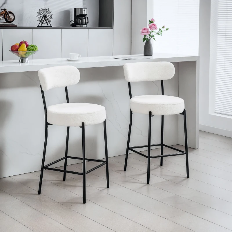 HOMCOM Lot de 2 tabourets de bar en tissu bouclette, chaises de bar avec dossier courbé, repose-pieds, 49x52x95cm, crème