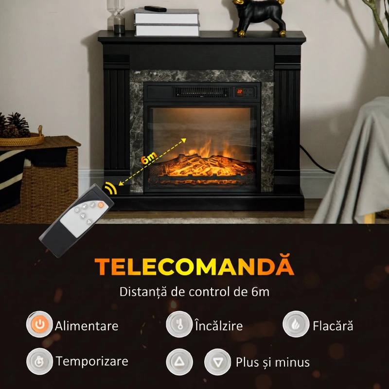 HOMCOM Semineu Electric care se Amplaseaza pe Podea cu Temporizator, Flacara Realista si Temperatura Reglabila, din Metal, ABS si PAL, 80x21.6x67.8 cm, Negru