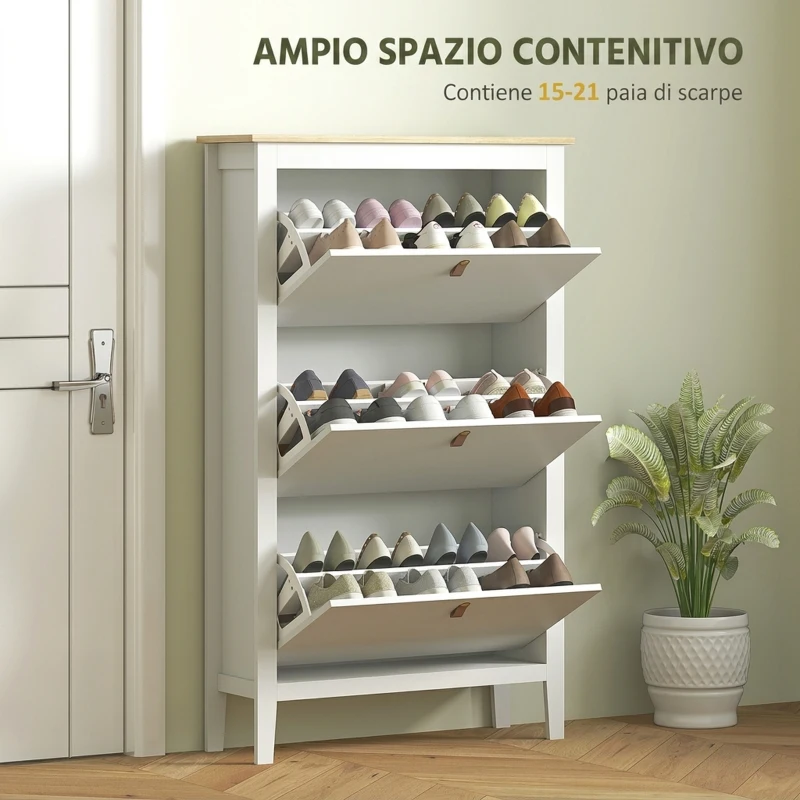 HOMCOM Scarpiera Slim 3 Cassetti per 21 Paia di Scarpe Taglia EU44 e Ripiani Regolabili, 80x24x131cm, Bianco