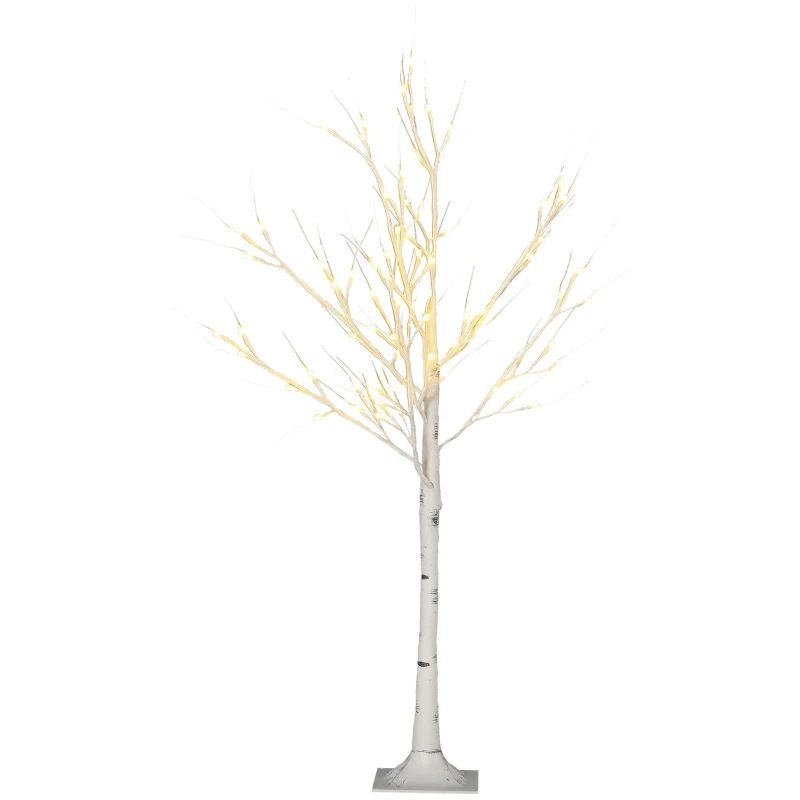 HOMCOM Kunstbaum, Kunstbirke, mit LED-Beleuchtung, warmweiß, realistische, weiße Rinde, 17L x 17B x 120H cm
