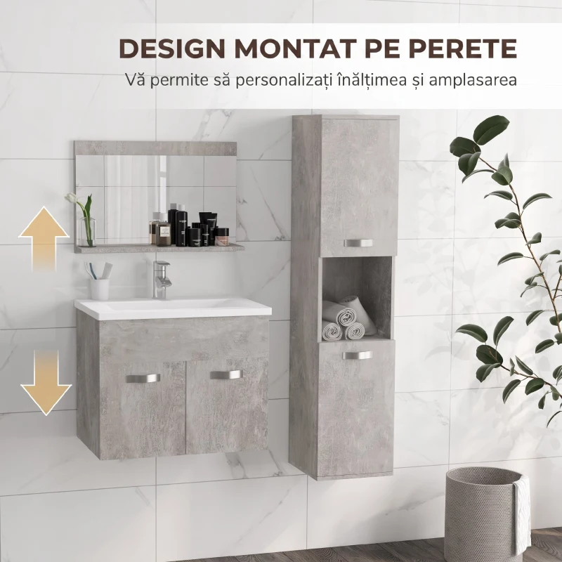 Kleankin Set Mobilier Baie – 3 Piese: Oglinda, Chiuveta, Dulap Depozitare