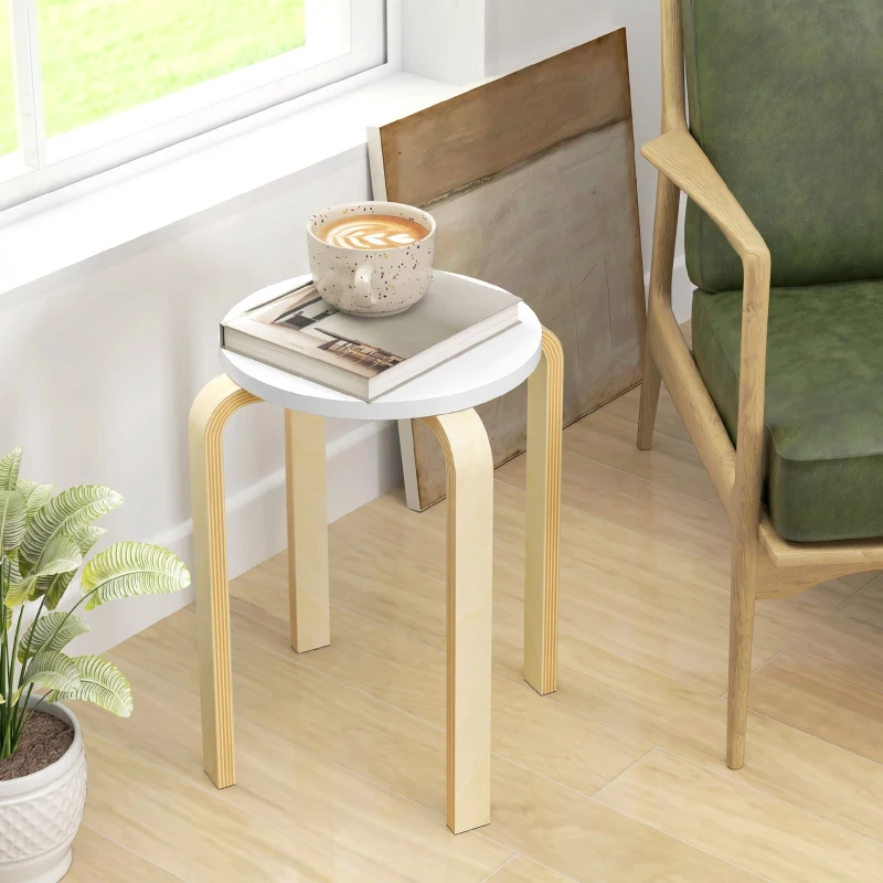 HOMCOM Set 4 Taburete Rotunde Stivuibile din Lemn Alb, Ø40x45 cm
