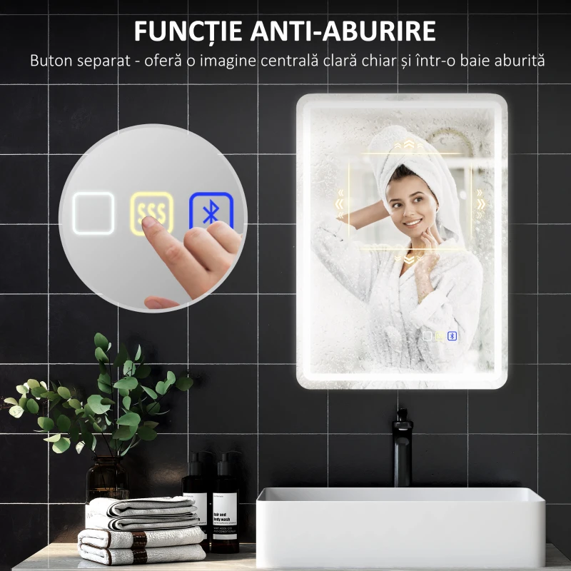 HOMCOM Oglindă de baie LED cu Bluetooth, iluminare reglabilă și funcție de memorie, din sticlă securizată, 70x50x3,5 cm