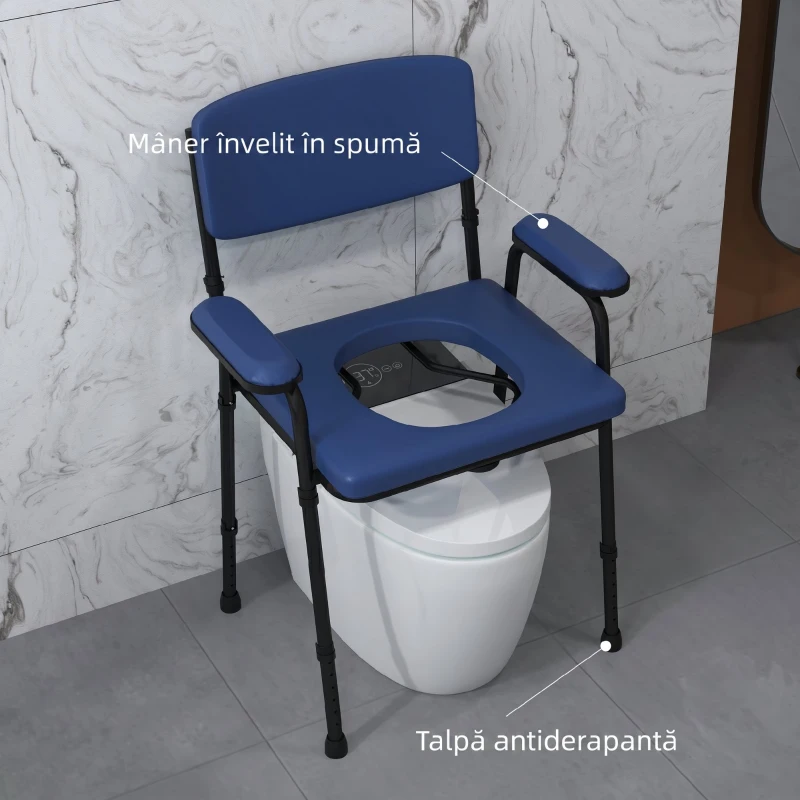 HOMCOM Scaun Confortabil 5 în 1 pentru Vârstnici și Persoane cu Dizabilități pentru WC și Duș, Înălțime Reglabilă și Găleată Detașabilă, Albastru