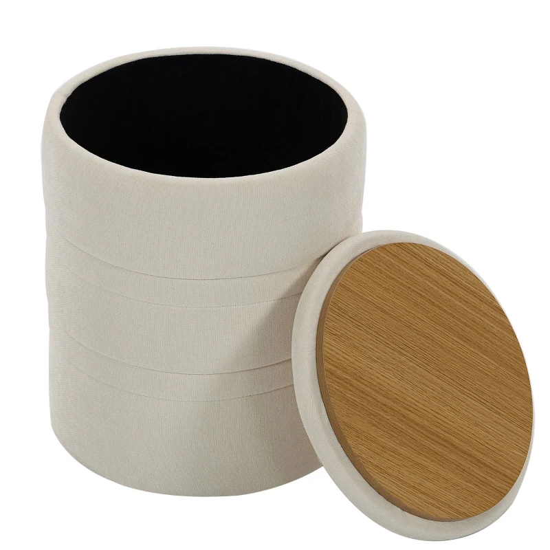 HOMCOM Pouf de Rangement en Chenille avec Couvercle, Tabouret Rond pour Salon et Chambre, Beige