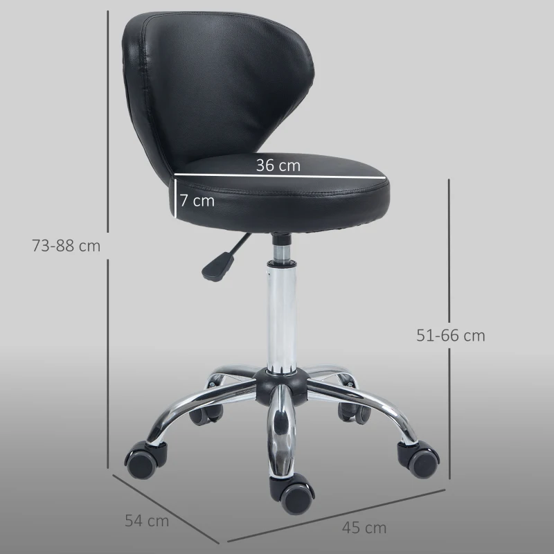 HOMCOM Taburet Rotativ 360° Reglabil, Taburet Cosmetic cu Spătar, din Oțel și Piele Ecologică, Negru