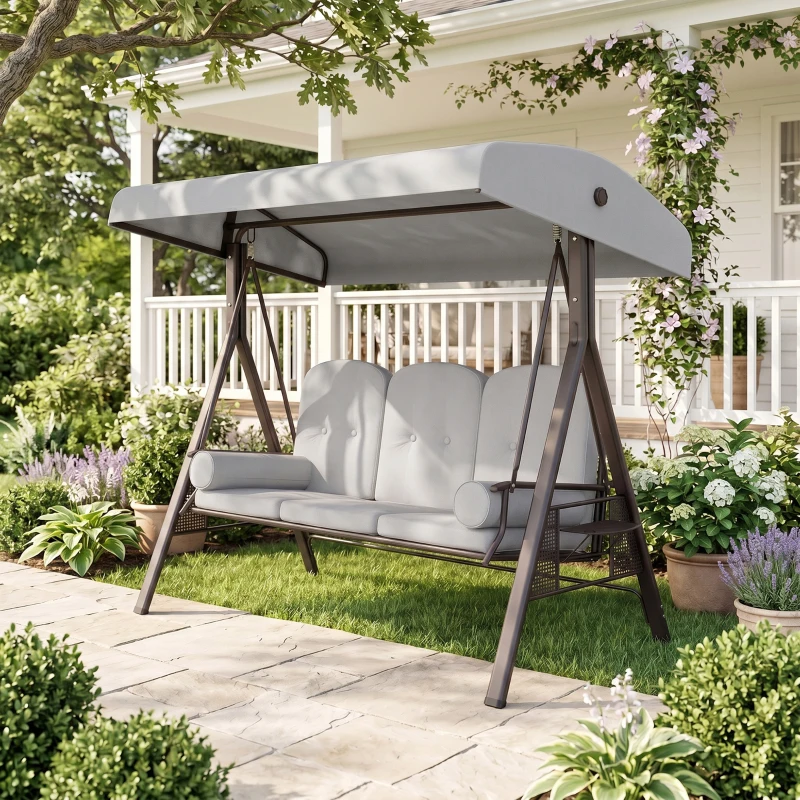 Outsunny 3 Seater Canopy Swing Chair, Outdoor Garden Swing Seat with Adjustable Canopy, Cushions and Cup Trays, Steel Frame, Light Grey