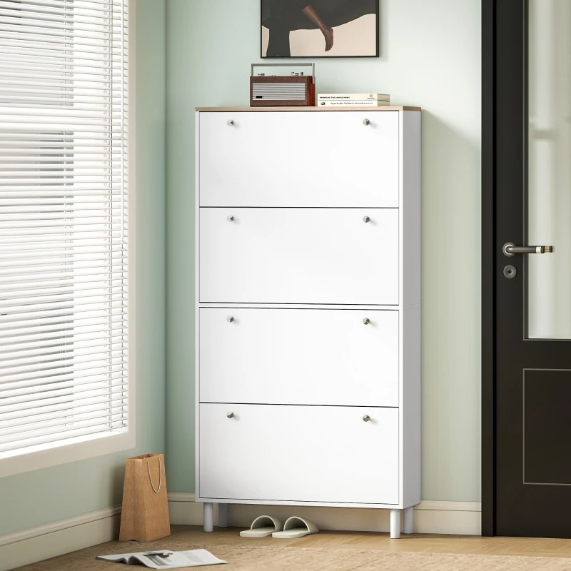 HOMCOM Dulap pantofi slim cu 4 sertare rabatabile și rafturi reglabile pentru 24-32 perechi de pantofi, 80x23.5x157 cm, alb