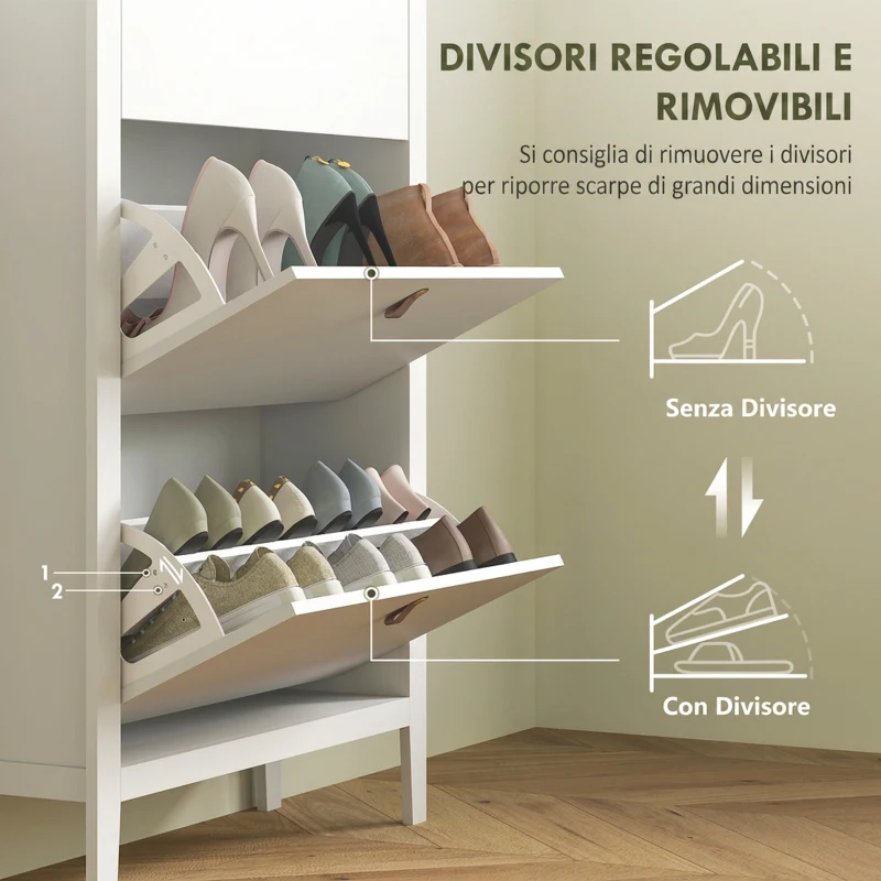 HOMCOM Scarpiera Slim 3 Cassetti per 21 Paia di Scarpe Taglia EU44 e Ripiani Regolabili, 80x24x131cm, Bianco