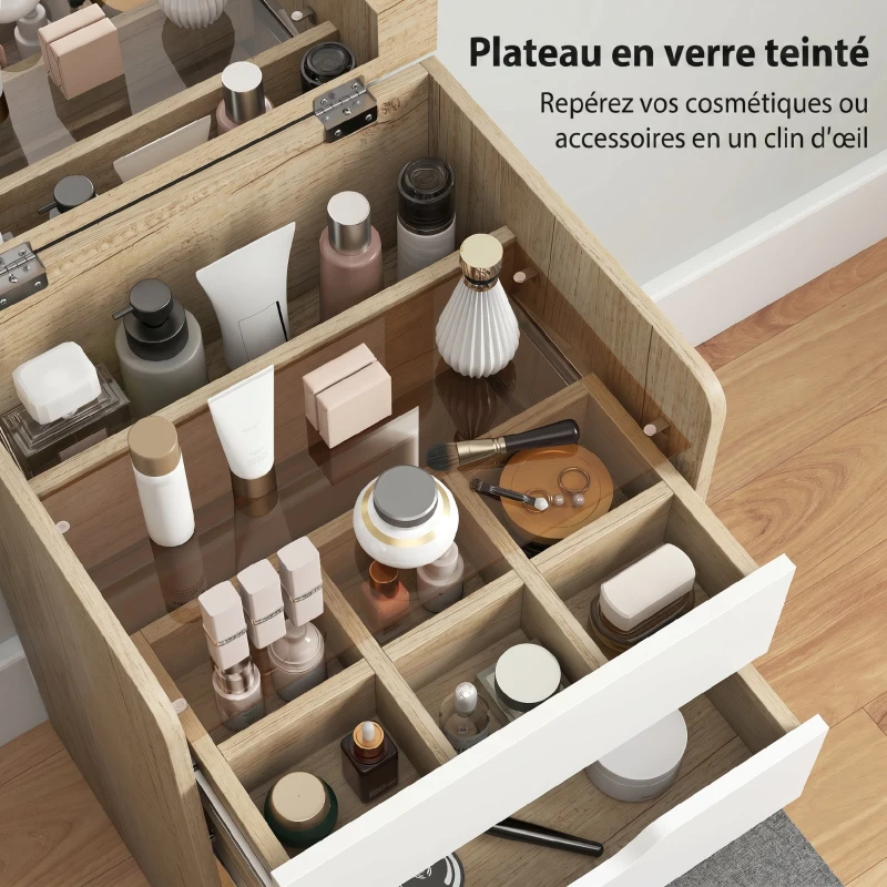 HOMCOM Coiffeuse avec miroir rabattable et tabouret de rangement, table de maquillage, 2 tiroirs, siège rembourré, chêne blanc