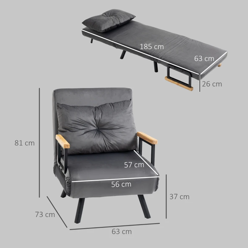 HOMCOM Poltrona Letto 3 in 1 con Schienale Reclinabile in 5 Posizioni e Cuscino, 63x73x81 cm, Grigio Scuro