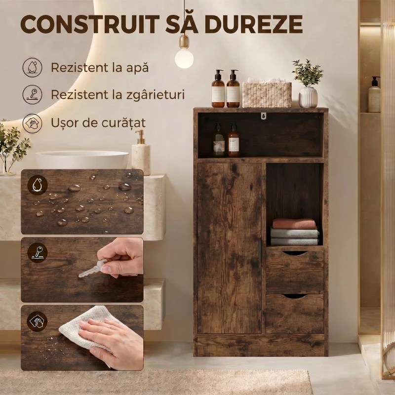 HOMCOM Dulap Baie Îngust cu 2 Sertare și Rafturi Reglabile pentru Bucătărie, Living, Hol, Maro Rustic