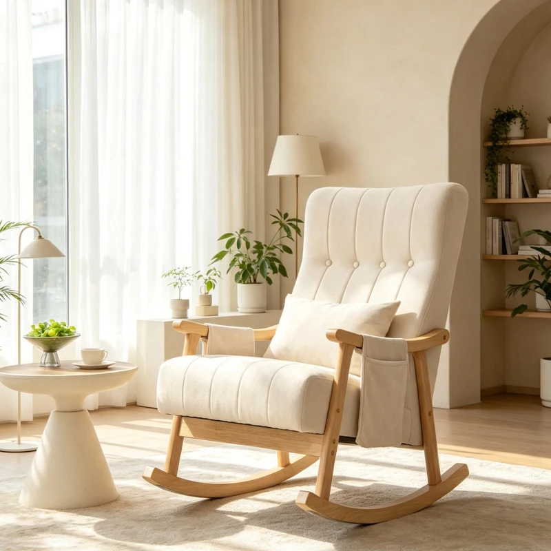 HOMCOM Schaukelstuhl mit Nierenkissen, breiter Sitz, Kautschukholzrahmen, bis 120 kg, Beige