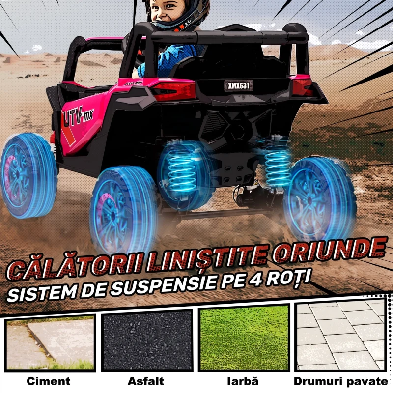 AIYAPLAY Mașină Electrică UTV pentru Copii 12V cu Centură, Telecomandă, Suspensii, USB, 3-7 km/h, 3-5 Ani, Roz
