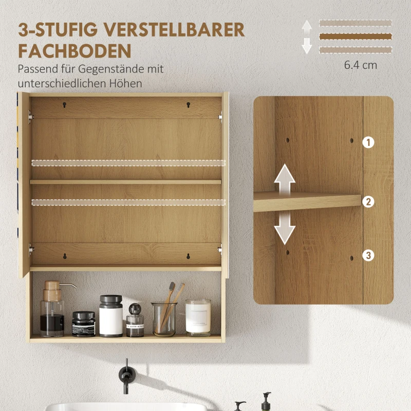 HOMCOM Badezimmerschrank, Spiegeltüren, offenes Regal, Wandmontage, MDF, Spanplatte, Eiche