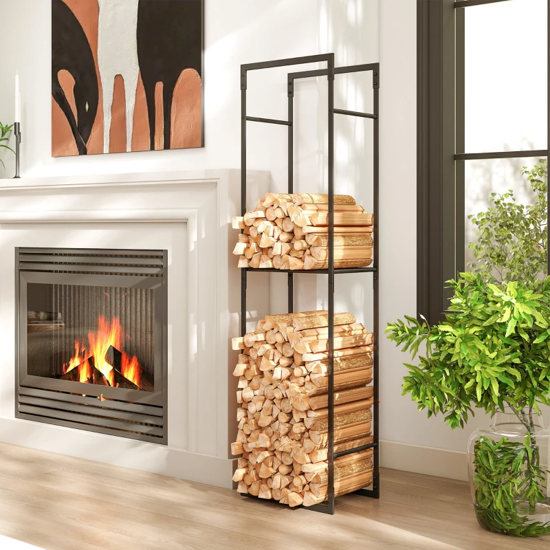 Outsunny Metal Firewood Log Holder, Heavy Duty Firewood Rack with Adjustable Shelf, Indoor Outdoor Fireplace Wood Storage Shelf, 45 x 31 x 170 cm, Black