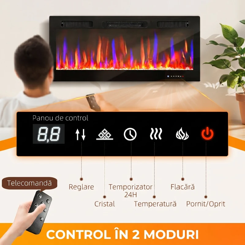 HOMCOM Șemineu Electric Încorporat cu Flacără Independentă, 3 Moduri de Încălzire și Telecomandă, 106,7x9,4x47 cm, Negru