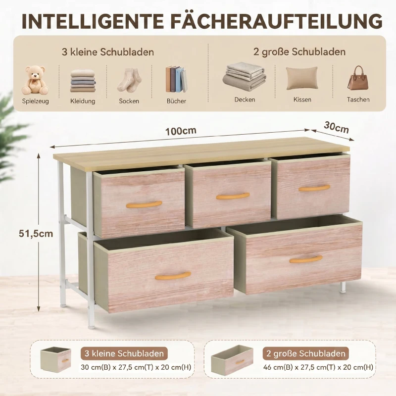 HOMCOM Kommode mit 5 Schubladen, Stoffkommode mit Metallrahmen und Holzoberfläche, Naturholz und Weiß