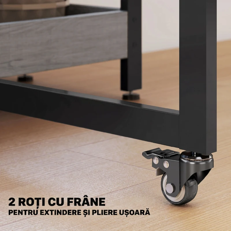 HOMCOM Masă Pliabilă cu 2 Extensii pentru 4 Persoane cu 2 Rafturi Deschise, din Lemn și Metal, 133.4x80x75 cm, Gri