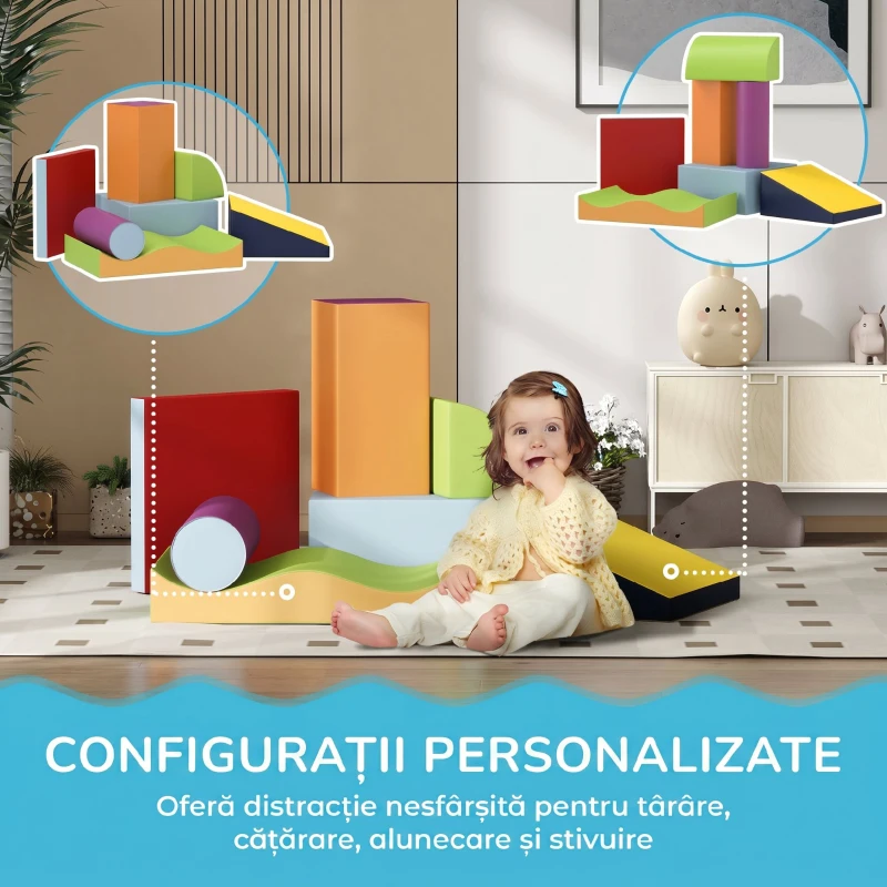 HOMCOM Set de 7 Blocuri Moi pentru Copii 1-3 Ani, Spumă și Piele PU, pentru Casă  Grădiniță, 60 x 40 x 11 cm, Multicolor