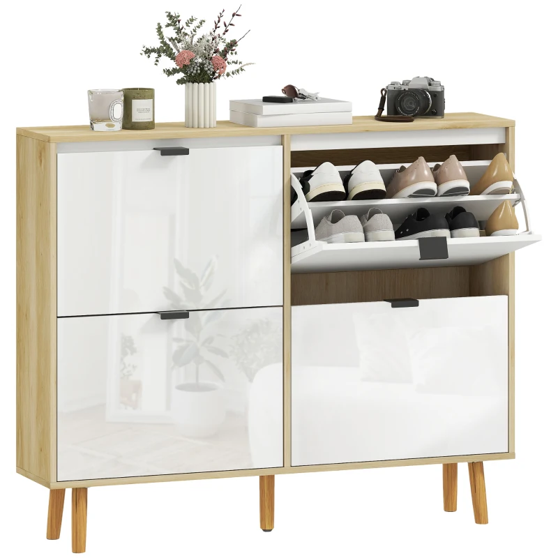HOMCOM Meuble à chaussures, armoire à chaussures étroite, 4 tiroirs rabattables, porte haute brillante, 105x24x92,5cm, blanc