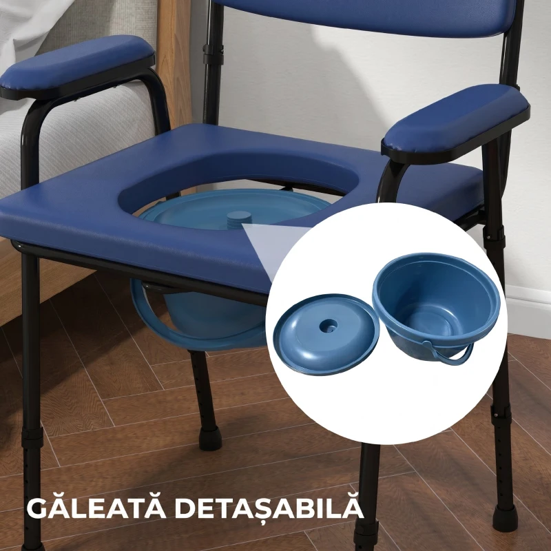 HOMCOM Scaun Confortabil 5 în 1 pentru Vârstnici și Persoane cu Dizabilități pentru WC și Duș, Înălțime Reglabilă și Găleată Detașabilă, Albastru