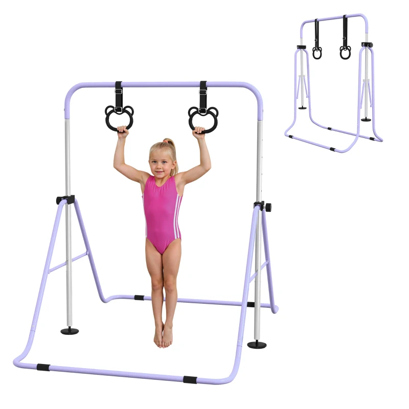 HOMCOM Bară Gimnastică Artistică pentru Copii Reglabilă cu 2 Inele, din Oțel, 148 x 105 x 128 cm, Mov