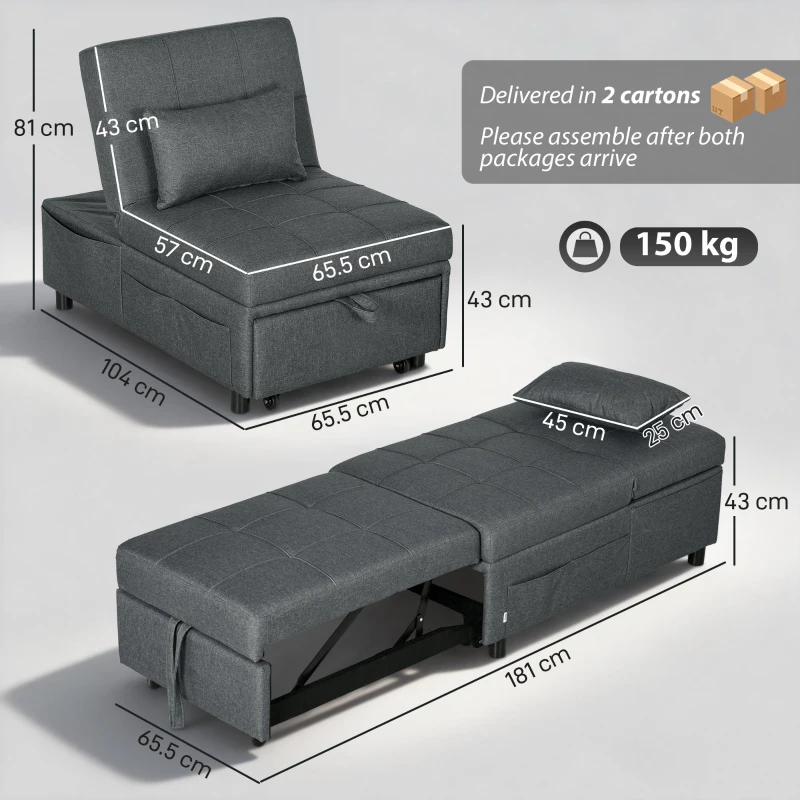 HOMCOM Canapea Extensibilă 4 În 1 cu Roți, pentru O Persoană, Gri