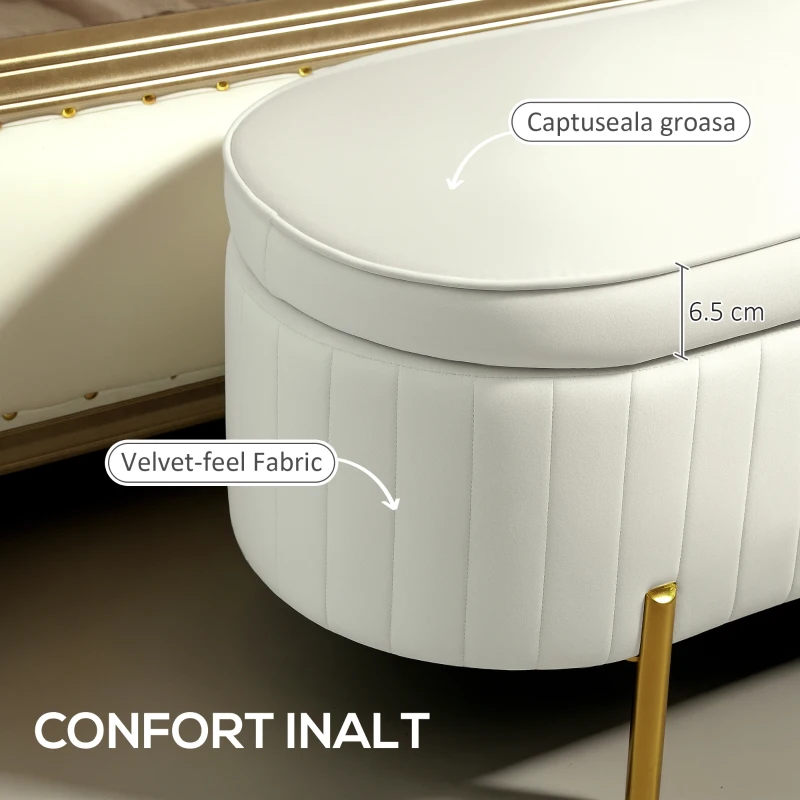 HOMCOM Bancă de Depozitare Ovală 72L cu Capac Rabatabil, din Țesătură Velurată și Lemn, 108x44x43.5 cm, Crem
