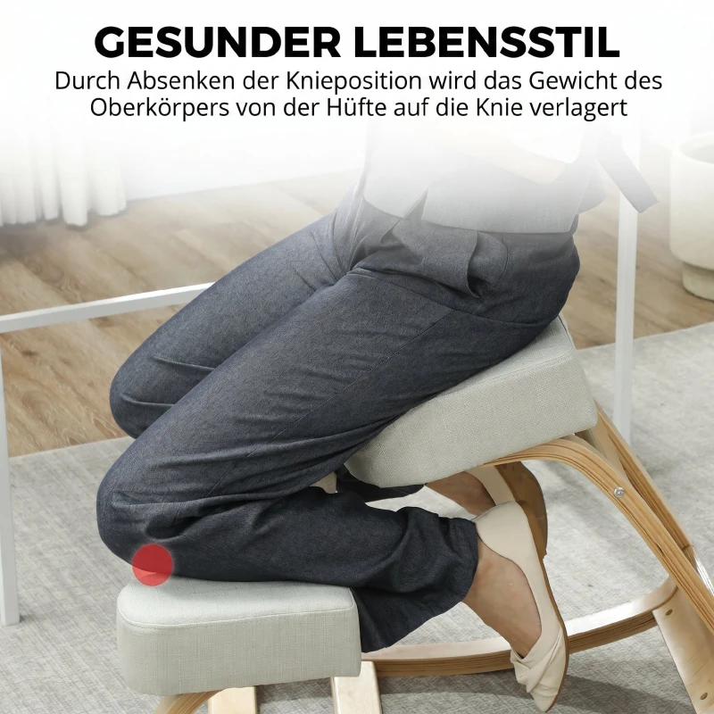 Vinsetto Kniestuhl, ergonomischer Sitzhocker, Polsterhocker für gesunde Sitzhaltung, Birkenholz, 120 kg belastbar, Cremeweiß