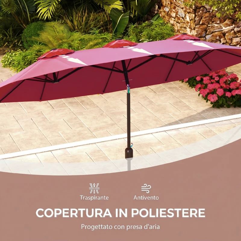 Outsunny Ombrellone da Giardino Doppio Inclinabile con Apertura a Manovella, 295x152x222cm, Rosso
