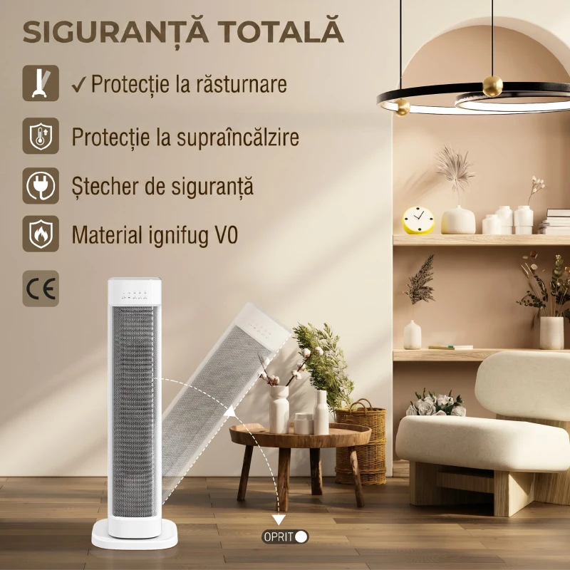 HOMCOM Radiator Ceramic 2000W cu 3 Temperaturi Reglabile, Timer 15 Ore, Telecomandă, Alb